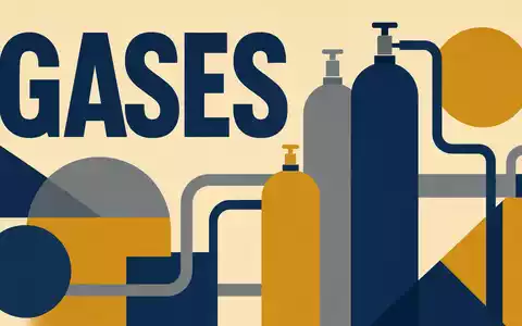 Geometrisches Bauhaus-Poster mit Gasflaschen-Motiv und dem Text GASES reprÀsentiert Linde plc, ISIN IE000S9YS4E6, Industriegase-Branche - Foto: THN