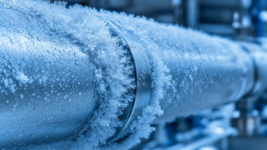 Extreme Nahaufnahme einer vereisten Metallrohrleitung mit Frostkristallen