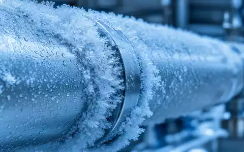 Detaillierte Makroaufnahme einer vereisten Metallrohrleitung veranschaulicht das Unternehmen Linde plc, ISIN IE000S9YS4E6, im Industriegase-Sektor - Foto: THN