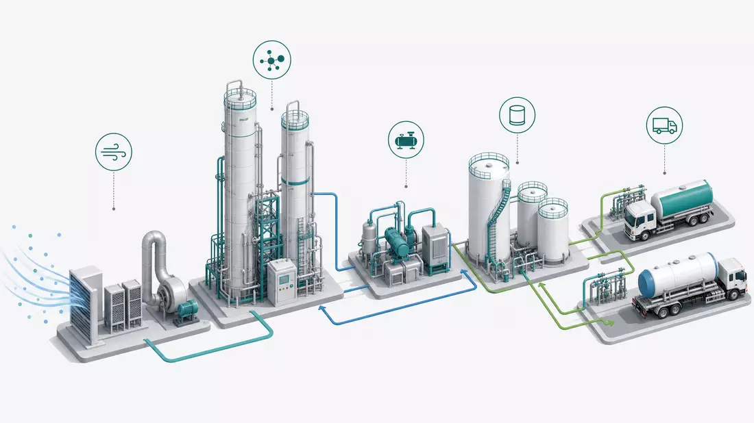 Isometrische Illustration einer industriellen Gas-Wertschöpfungskette mit Anlagen und Lkw