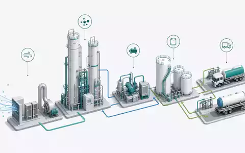 Isometrische 3D-Grafik der Wertschöpfungskette von Industriegasen zeigt Linde plc, ISIN IE000S9YS4E6, mit einzelnen Prozessschritten - Foto: THN