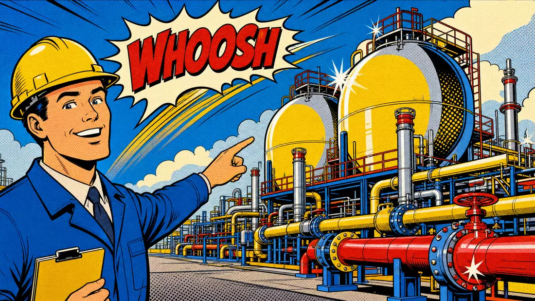 Pop-Art-Comic-Illustration eines Ingenieurs vor bunten Gastanks und Rohrleitungen
