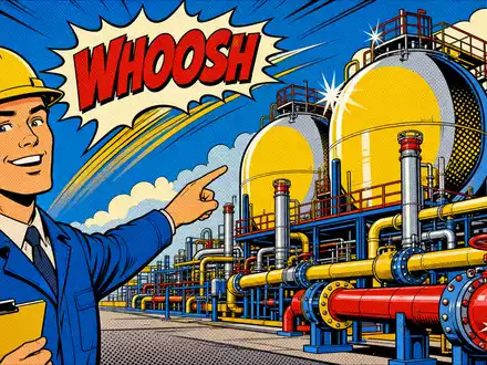 Farbenfrohe Pop-Art-Comic-Szene mit Ingenieur an einer Gasanlage stellt Linde plc, ISIN IE000S9YS4E6, humorvoll dar - Foto: THN