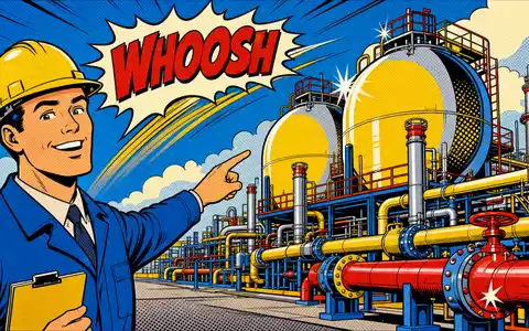 Farbenfrohe Pop-Art-Comic-Szene mit Ingenieur an einer Gasanlage stellt Linde plc, ISIN IE000S9YS4E6, humorvoll dar - Foto: THN