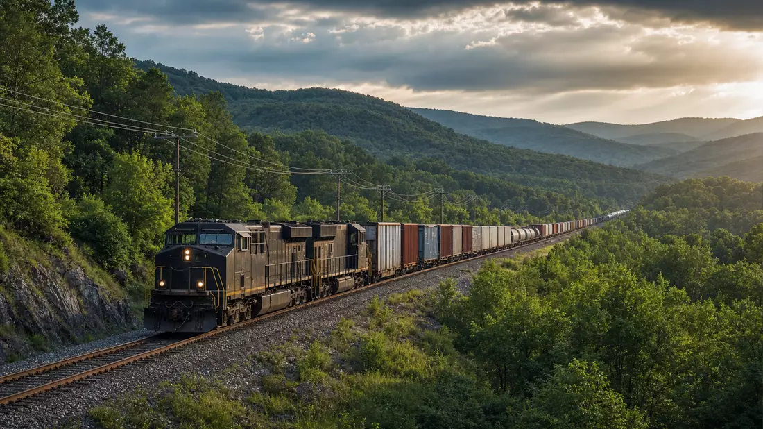Fotorealistischer Güterzug von CSX Corp. in grüner Berglandschaft bei Abenddämmerung