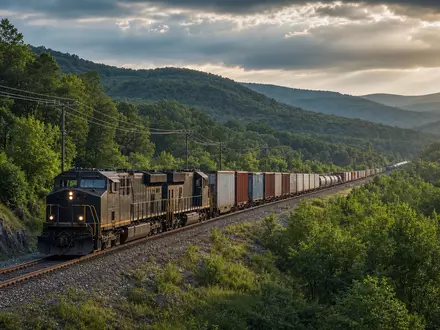 CSX Corp. GĂŒterzug durchfĂ€hrt waldreiche HĂŒgellandschaft im östlichen USA, ISIN US1264081035 Schienenverkehr - Foto: THN