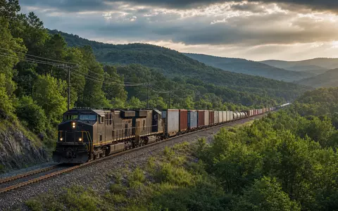 CSX Corp. Güterzug durchfährt waldreiche Hügellandschaft im östlichen USA, ISIN US1264081035 Schienenverkehr - Foto: THN