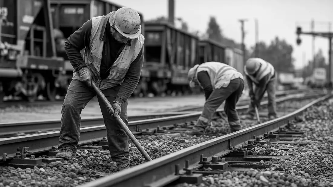 Schwarz-Weiß-Reportagefoto von Gleisarbeitern bei Wartungsarbeiten an Frachtbahngleisen