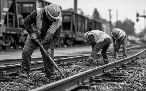 CSX Corp. Gleisarbeiter reparieren Schienen im Güterbahnhof, dokumentarische SW-Reportage Schienenverkehr ISIN US1264081035 - Foto: THN
