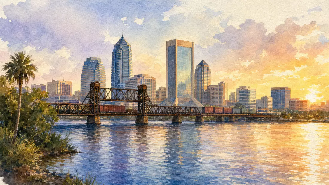 Aquarellgemälde der Jacksonville-Skyline mit Eisenbahnbrücke über den St. Johns River bei Sonnenuntergang