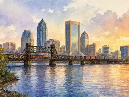 CSX Corp. Hauptsitz Jacksonville Skyline mit Eisenbahnbrücke in Aquarell gemalt, ISIN US1264081035 Schienenverkehr - Foto: THN