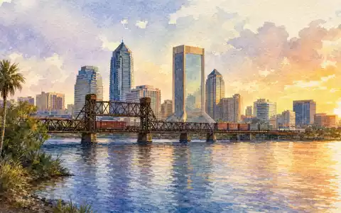 CSX Corp. Hauptsitz Jacksonville Skyline mit Eisenbahnbrücke in Aquarell gemalt, ISIN US1264081035 Schienenverkehr - Foto: THN