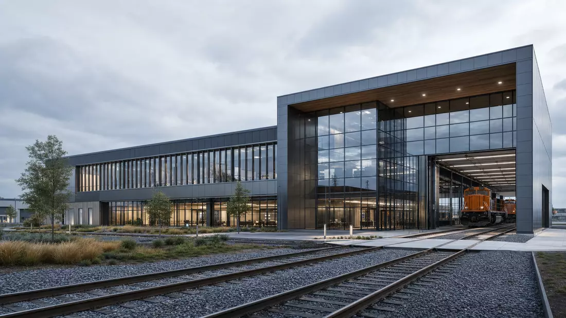 Architekturvisualisierung eines modernen Güterverkehrs-Betriebszentrums mit Gleisanbindung und Glasfassade