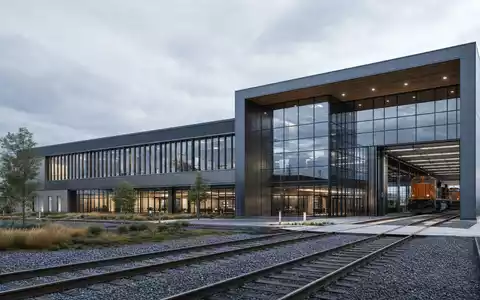 CSX Corp. modernes Betriebszentrum als Architekturrender mit Gleisanschluss und Glasfassade, ISIN US1264081035 Schienenverkehr - Foto: THN