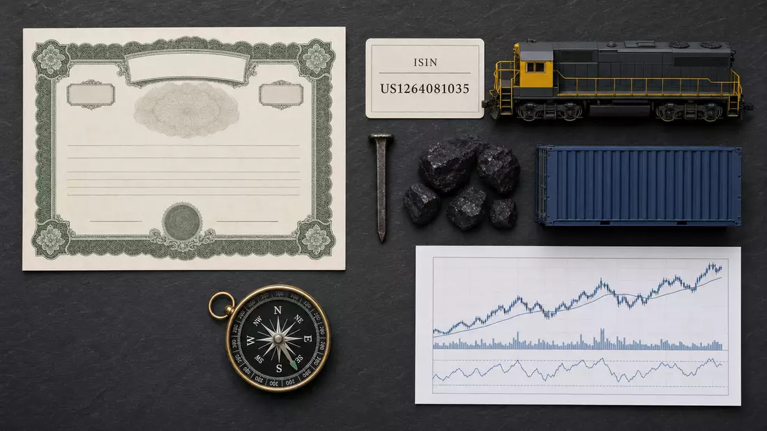 Draufsicht Flatlay mit Aktienzertifikat, ISIN-Karte US1264081035, Lokomotiv-Miniatur und Kohlestücken auf Schiefer