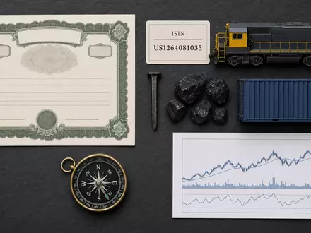 CSX Corp. Flatlay mit Aktienzertifikat, ISIN-Karte US1264081035, Lokomotivmodell, Kohlestücken und weiteren Eisenbahn-Utensilien - Foto: THN