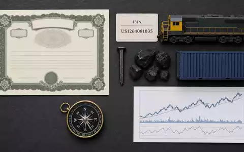 CSX Corp. Flatlay mit Aktienzertifikat, ISIN-Karte US1264081035, Lokomotivmodell, Kohlestücken und weiteren Eisenbahn-Utensilien - Foto: THN
