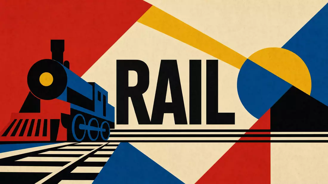 Geometrisches Bauhaus-Poster mit Sektor-Text RAIL, Lokomotive und konstruktivistischen Formen in Primärfarben