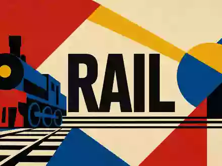 CSX Corp. Bauhaus-Poster geometrisch mit Sektor-Text RAIL und Lokomotiv-Silhouette, ISIN US1264081035 Schienenverkehr - Foto: THN