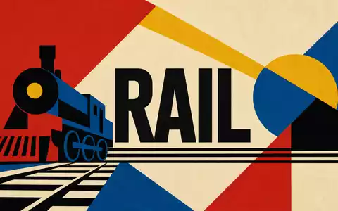 CSX Corp. Bauhaus-Poster geometrisch mit Sektor-Text RAIL und Lokomotiv-Silhouette, ISIN US1264081035 Schienenverkehr - Foto: THN
