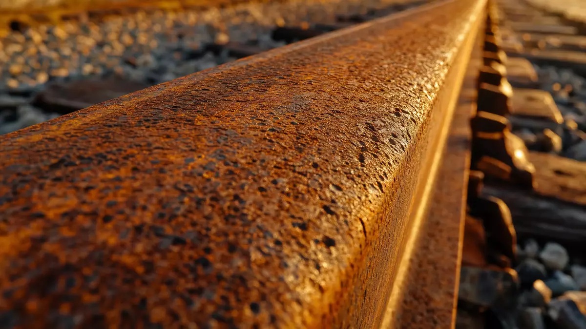 Extreme Nahaufnahme einer rostigen Stahlschiene mit goldener Seitenbeleuchtung und unscharfem Schotterhintergrund