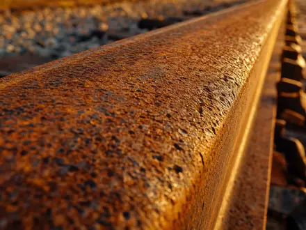 CSX Corp. Makroaufnahme Stahlschiene mit Roststruktur und goldenem Seitenlicht, Eisenbahn ISIN US1264081035 - Foto: THN