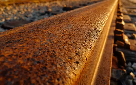 CSX Corp. Makroaufnahme Stahlschiene mit Roststruktur und goldenem Seitenlicht, Eisenbahn ISIN US1264081035 - Foto: THN