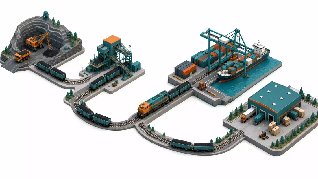 Isometrische 3D-Illustration der Güterverkehrs-Lieferkette mit Mine, Verladestation, Hafen und Lager