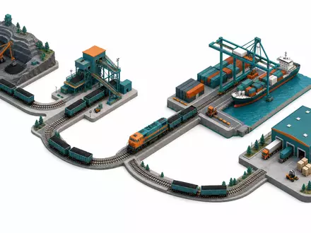CSX Corp. isometrisches 3D-Diagramm der Güterverkehrs-Wertschöpfungskette von Mine bis Lager, ISIN US1264081035 - Foto: THN
