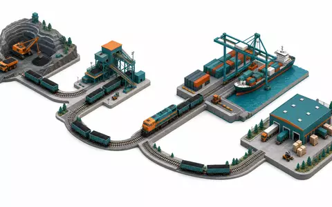 CSX Corp. isometrisches 3D-Diagramm der Güterverkehrs-Wertschöpfungskette von Mine bis Lager, ISIN US1264081035 - Foto: THN