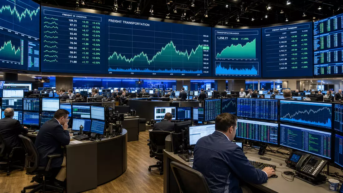 Redaktionelles Foto eines NASDAQ-Handelssaals mit Großbildschirmen und Frachttransport-Sektorcharts