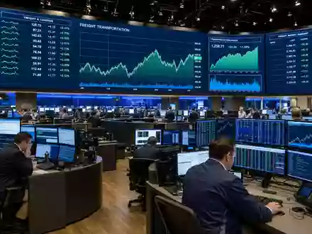 CSX Corp. Börsen-Editorial zeigt NASDAQ-Tradingfloor mit Schienenverkehr-Sektor-Charts und Händlern, ISIN US1264081035 Aktienhandel - Foto: THN
