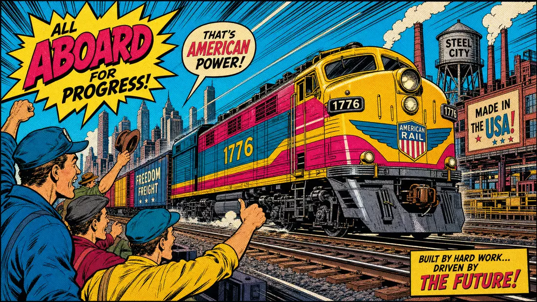Buntes Pop-Art-Comic-Bild mit Retro-Lokomotive und jubelnden Arbeitern vor amerikanischer Industriekulisse