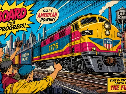 CSX Corp. Pop-Art-Comic mit Retro-Lokomotive in US-Industriestadt, farbig stilisiert, ISIN US1264081035 Schienenverkehr - Foto: THN