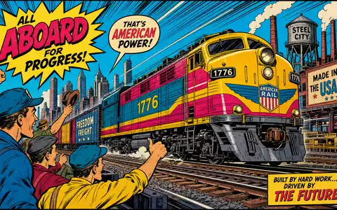 CSX Corp. Pop-Art-Comic mit Retro-Lokomotive in US-Industriestadt, farbig stilisiert, ISIN US1264081035 Schienenverkehr - Foto: THN