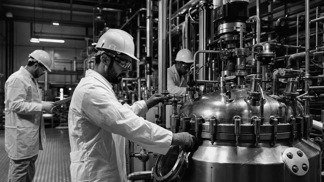 Schwarzweißfoto von Chemiefacharbeitern in Schutzausrüstung an industriellen Reaktorbehältern