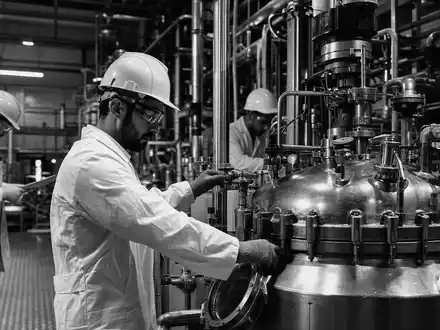 Covestro AG Techniker DE0006062144 überwachen schwarz-weiß Reaktorausrüstung in dokumentarischer industrieller Reportage-Fotografie im Labor - Foto: THN