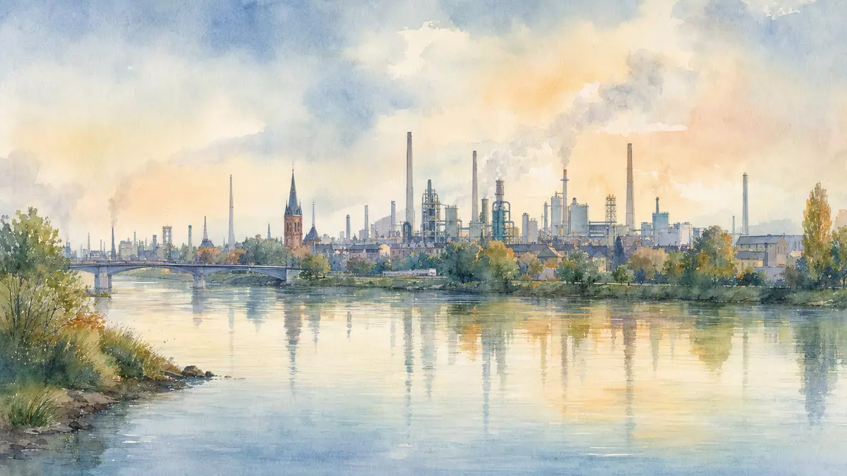 Aquarellbild der Leverkusener Industrieskyline mit Rhein und Chemieschornsteinen in Pastellfarben