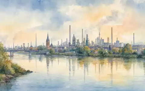 Covestro AG Leverkusen DE0006062144 Aquarell Rhein-Skyline mit Chemieschornsteinen und industrieller Spiegelung im Wasser - Foto: THN