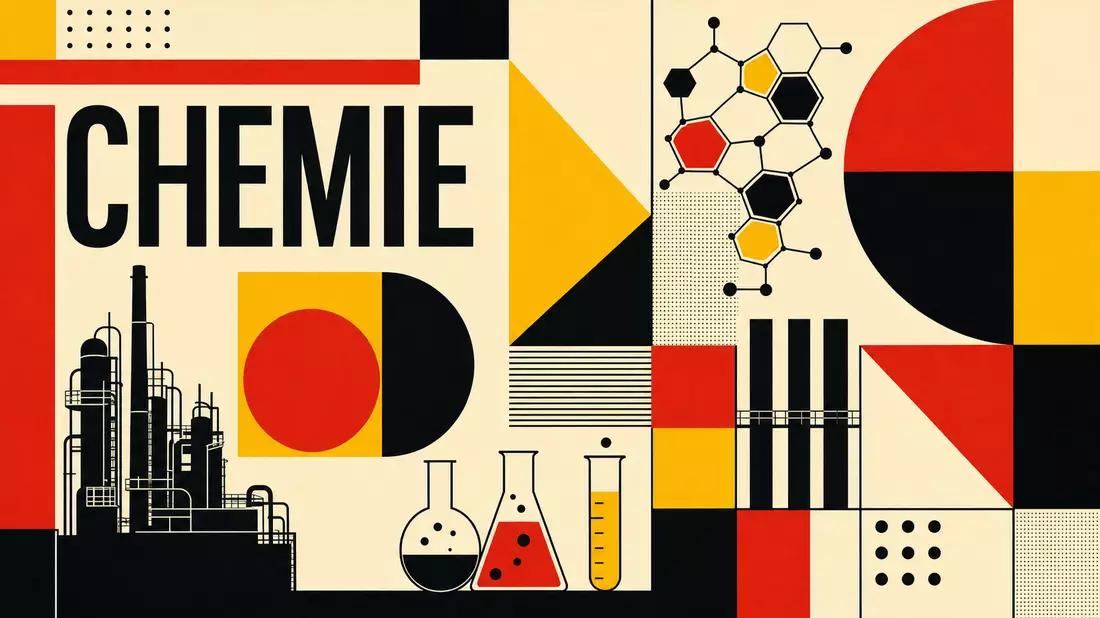 Bauhaus-Posterdesign CHEMIE mit geometrischen Formen Dreiecken Kreisen und Molekülstrukturen in Primärfarben