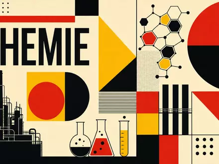 Covestro AG Chemiebranche DE0006062144 Bauhaus-Poster mit CHEMIE-Schriftzug geometrischen Formen und Molekülhexagonen Primärfarben - Foto: THN