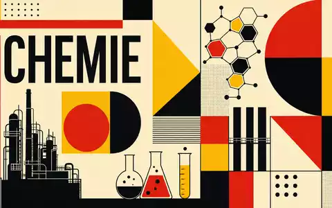 Covestro AG Chemiebranche DE0006062144 Bauhaus-Poster mit CHEMIE-Schriftzug geometrischen Formen und Molekülhexagonen Primärfarben - Foto: THN