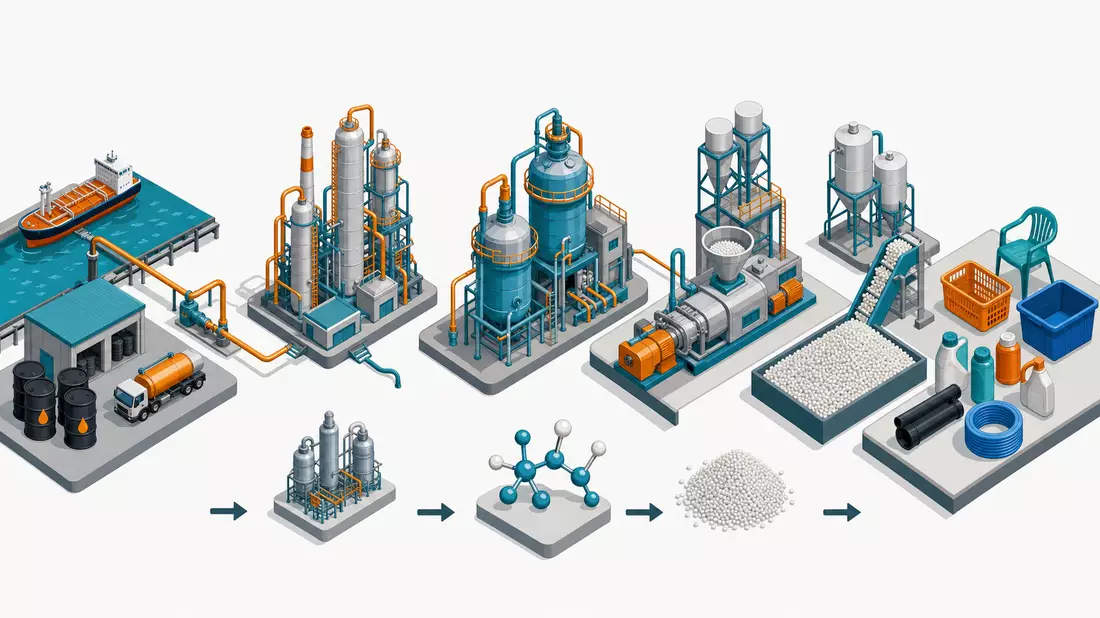 Isometrische 3D-Illustration der chemischen Polymer-Wertschöpfungskette von Rohstoff bis Kunststoffprodukt