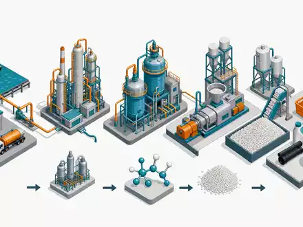 Covestro AG Wertschöpfungskette DE0006062144 isometrische 3D-Illustration von Rohöl über Polymerreaktor bis Kunststoffprodukt - Foto: THN