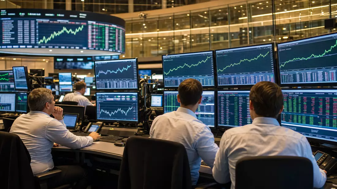 Börsensaal-Editorial mit Händlern an DAX-Handelsmonitoren zeigt Chemie-Sektor-Kurscharts