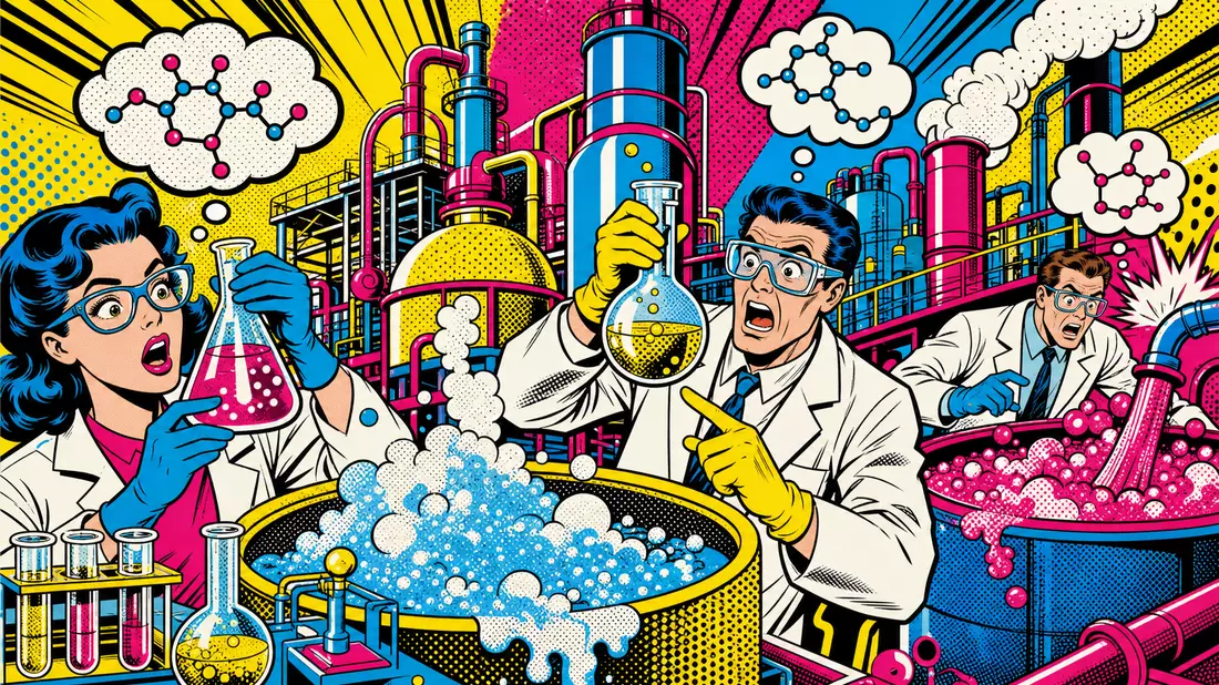 Pop-Art-Comic-Illustration buntes Chemielabor mit Comic-Wissenschaftlern Polymer-Reaktoren und Molekülsprechblasen