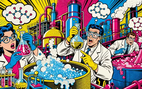 Covestro AG Chemielabor DE0006062144 bunter Pop-Art-Comic mit Rastermustern Comic-Wissenschaftlern Polymerreaktoren und Molekülsprechblasen - Foto: THN