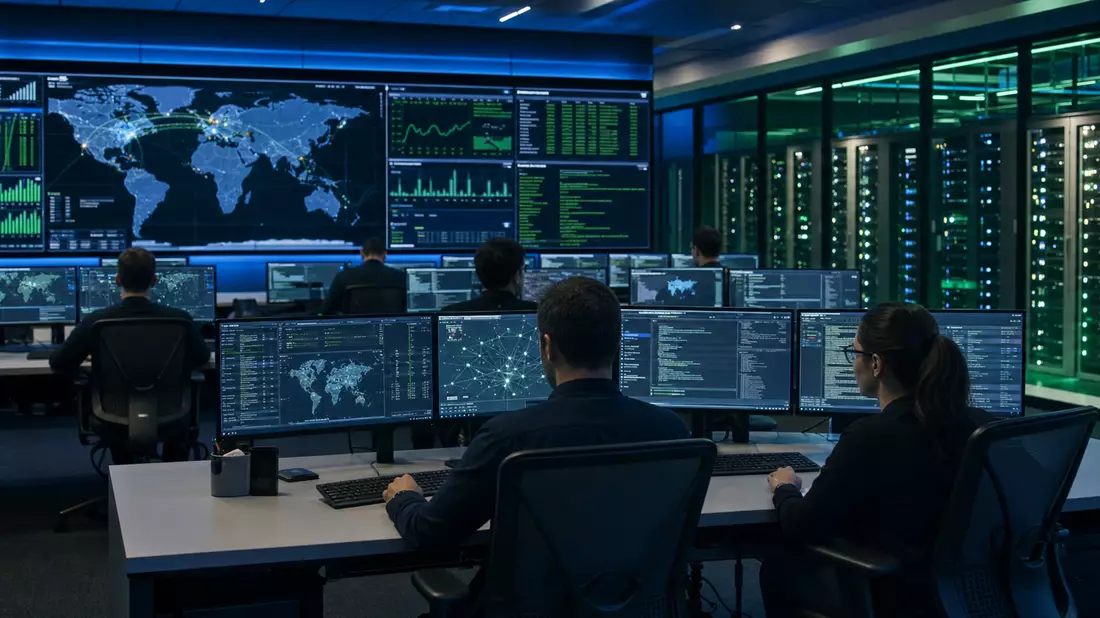 Fotorealistisches Cybersicherheits-Operations-Center mit Bedrohungsmonitoren