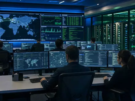 CrowdStrike Holdings Cybersicherheitszentrale US22788C1053 mit Analysten und weltweiten Bedrohungskarten auf mehreren Monitoren - Foto: THN