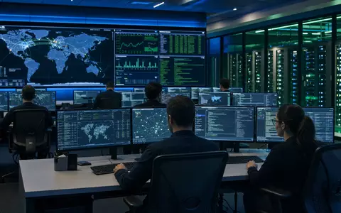CrowdStrike Holdings Cybersicherheitszentrale US22788C1053 mit Analysten und weltweiten Bedrohungskarten auf mehreren Monitoren - Foto: THN